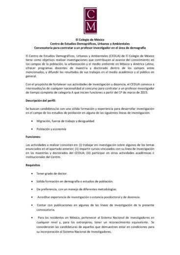 Convocatoria para contratar a un profesor-investigador en el área de demografía