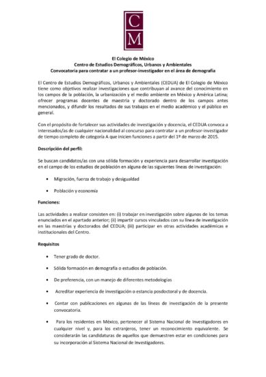 Convocatoria para contratar a un profesor-investigador en el área de demografía