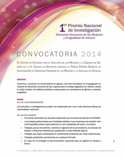 1er Premio Nacional de Investigación: Derechos Humanos de las Mujeres y la Igualdad de Género – H. Congreso de la Unión