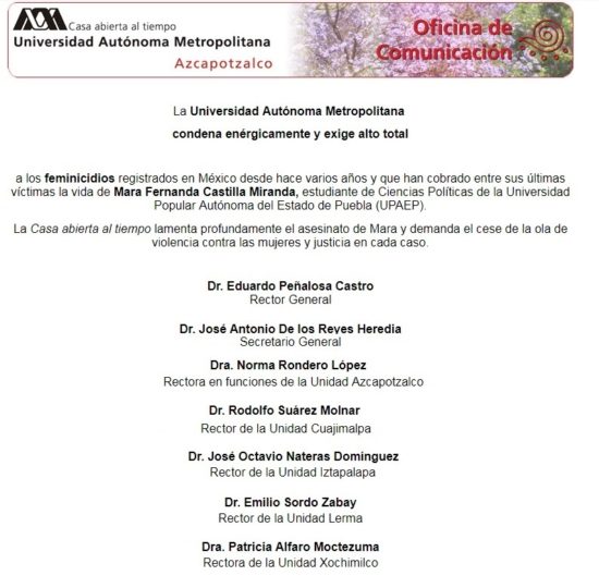 UAM condena los feminicidios en México
