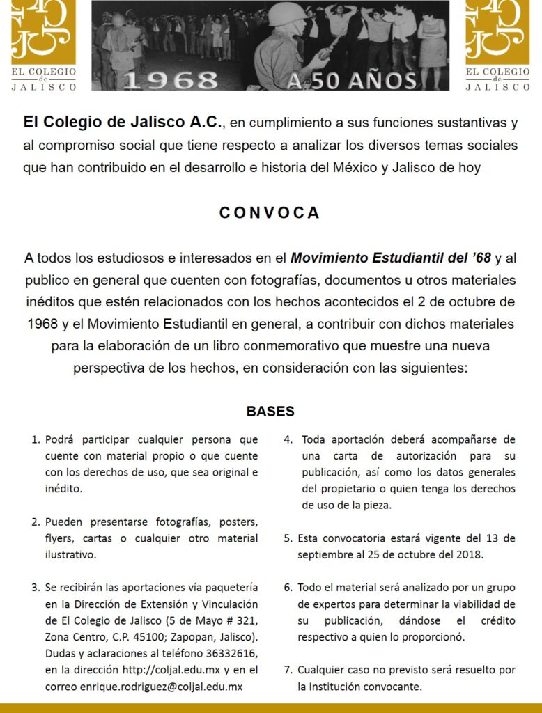 Convocatoria para libro conmemorativo sobre el Movimiento Estudiantil del 68