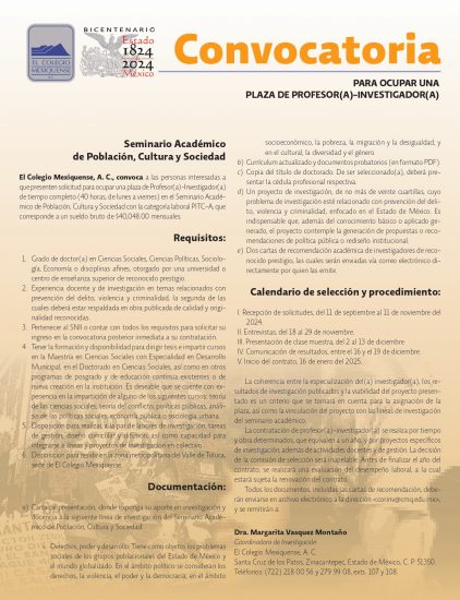 Plaza de Profesor(a)-Investigador(a) Población, Cultura y Sociedad