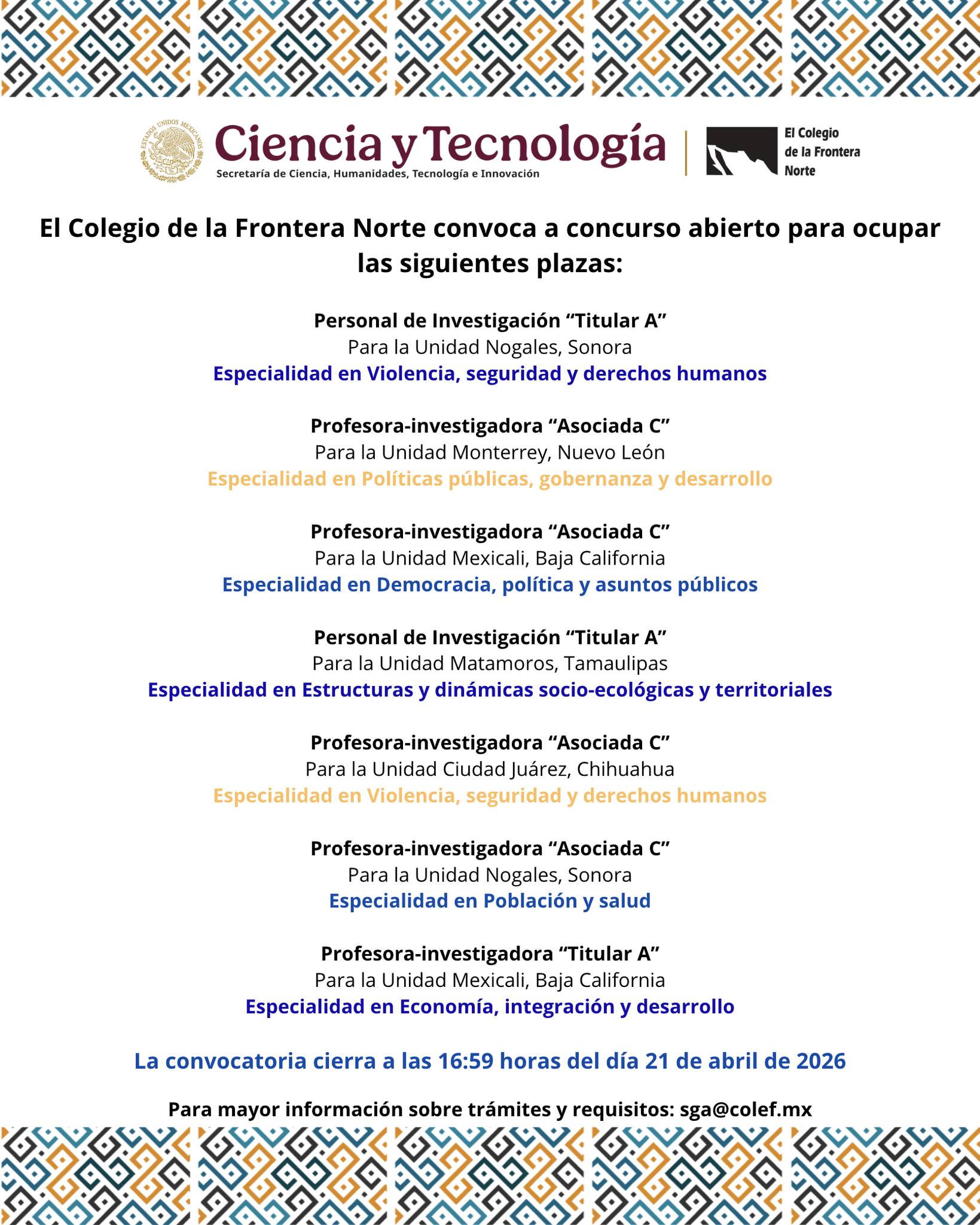 Concurso abierto para ocupar plazas en El Colef