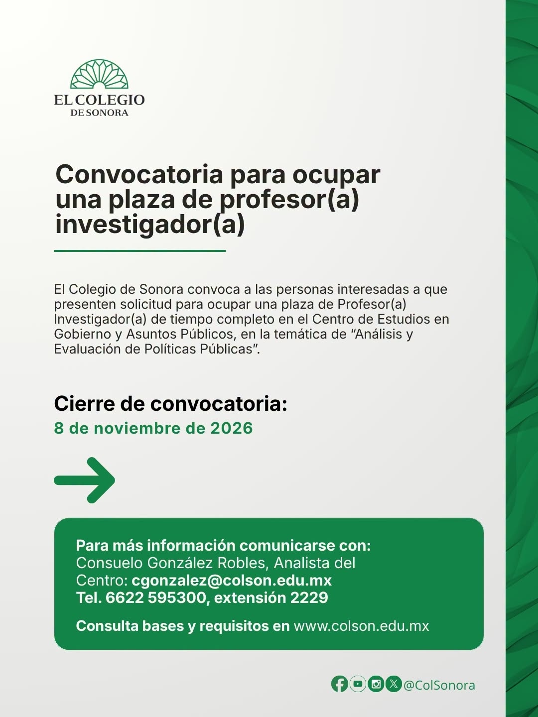 Plaza de profesor(a) investigador(a) en El Colegio de Sonora