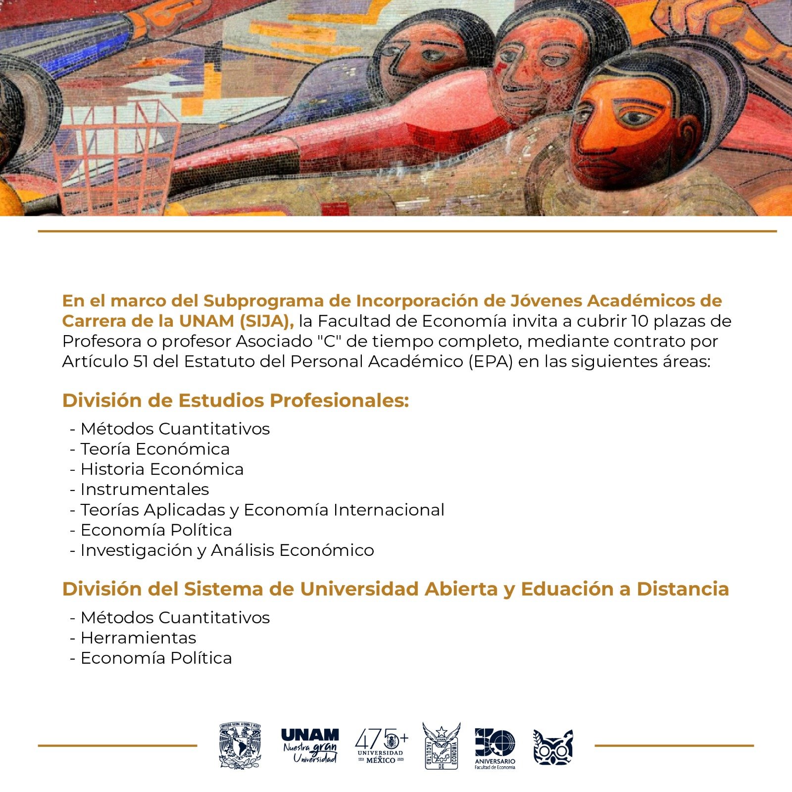 Plazas de profesor(a) asociado(a) en la Facultad de Economía