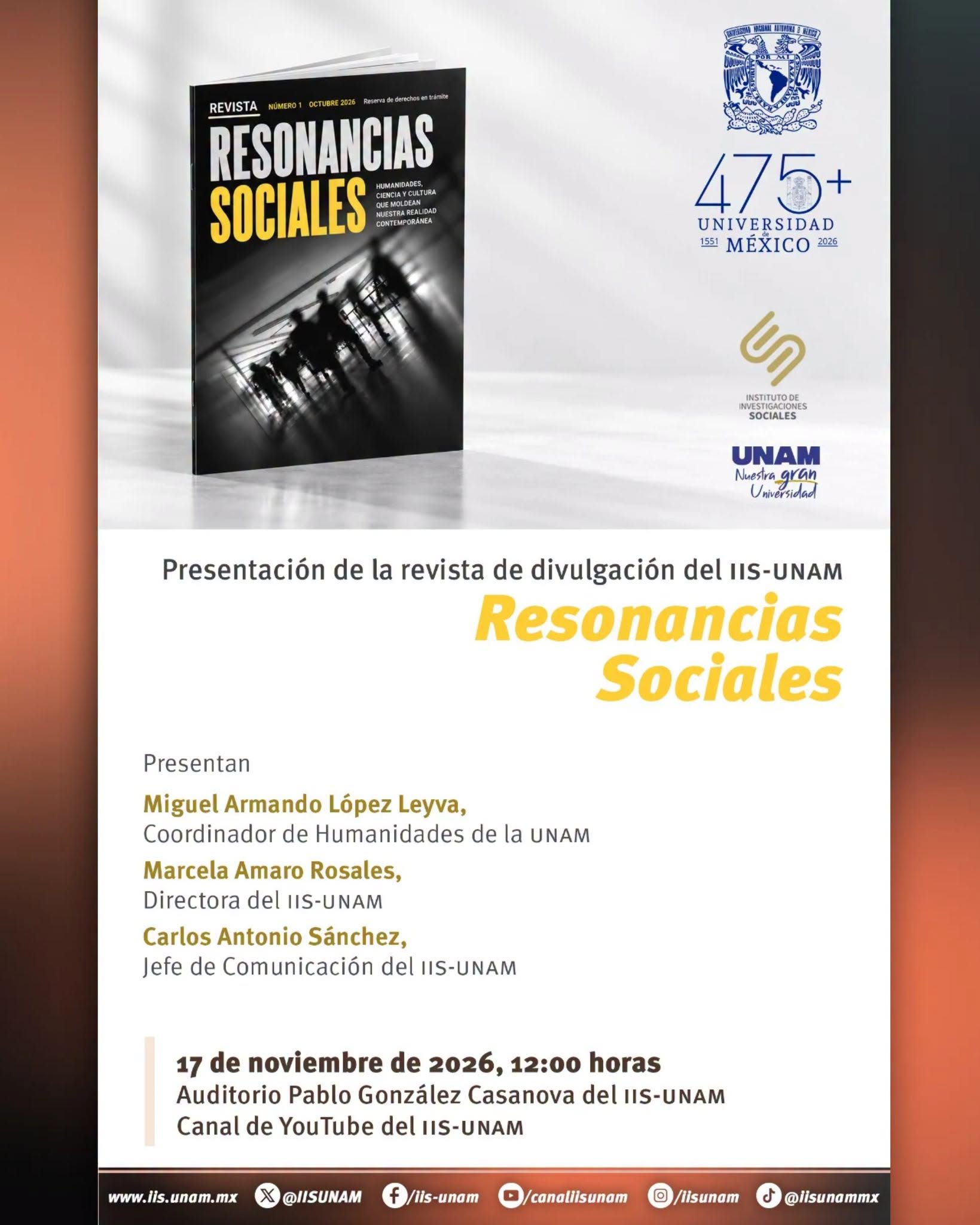 presentación de Resonancias Sociales, revista de divulgación del Instituto de Investigaciones Sociales de la UNAM
