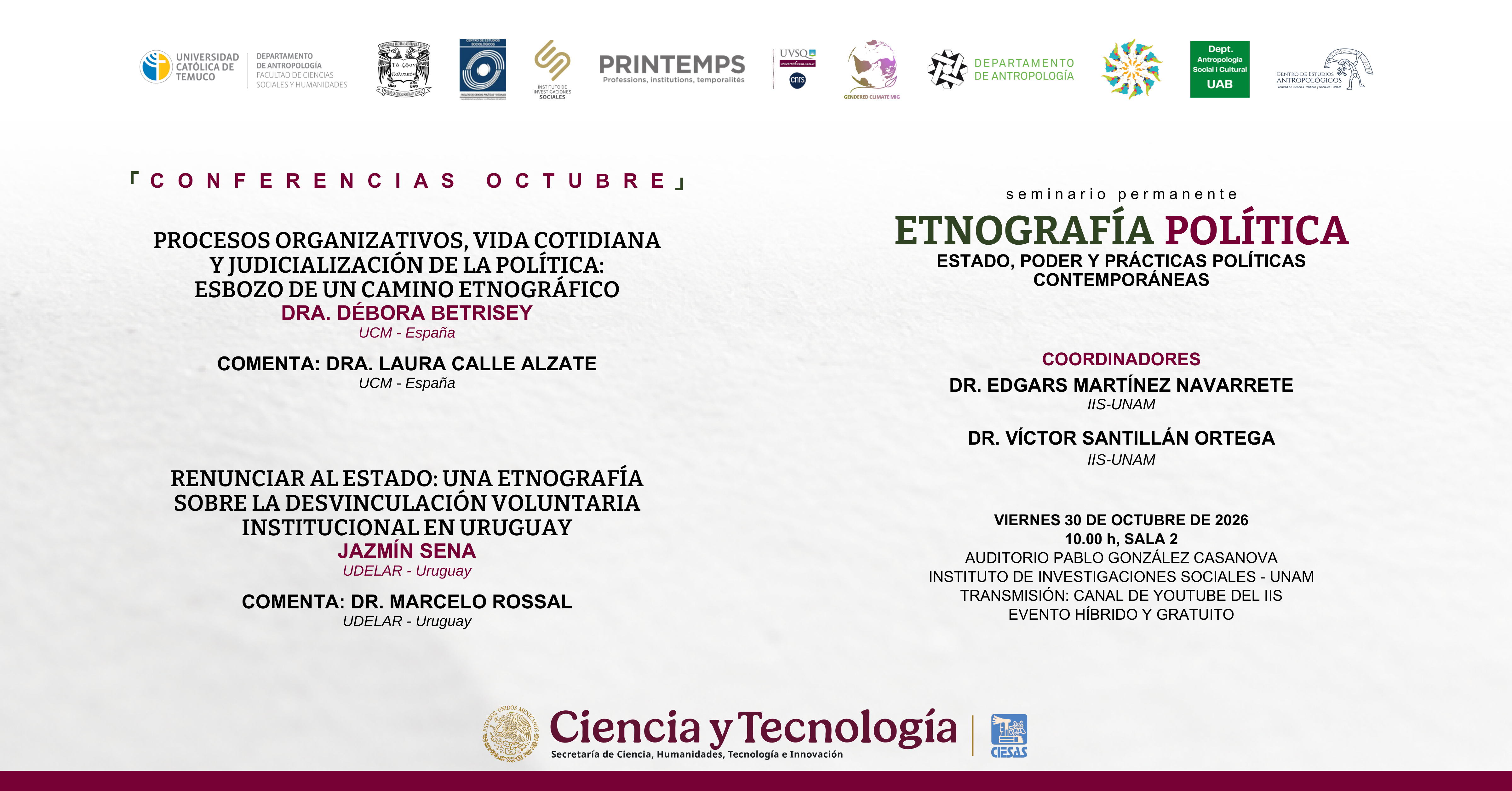 Tercera sesión del ciclo de conferencias 2026-2027 del Seminario Permanente de Etnografía Política.