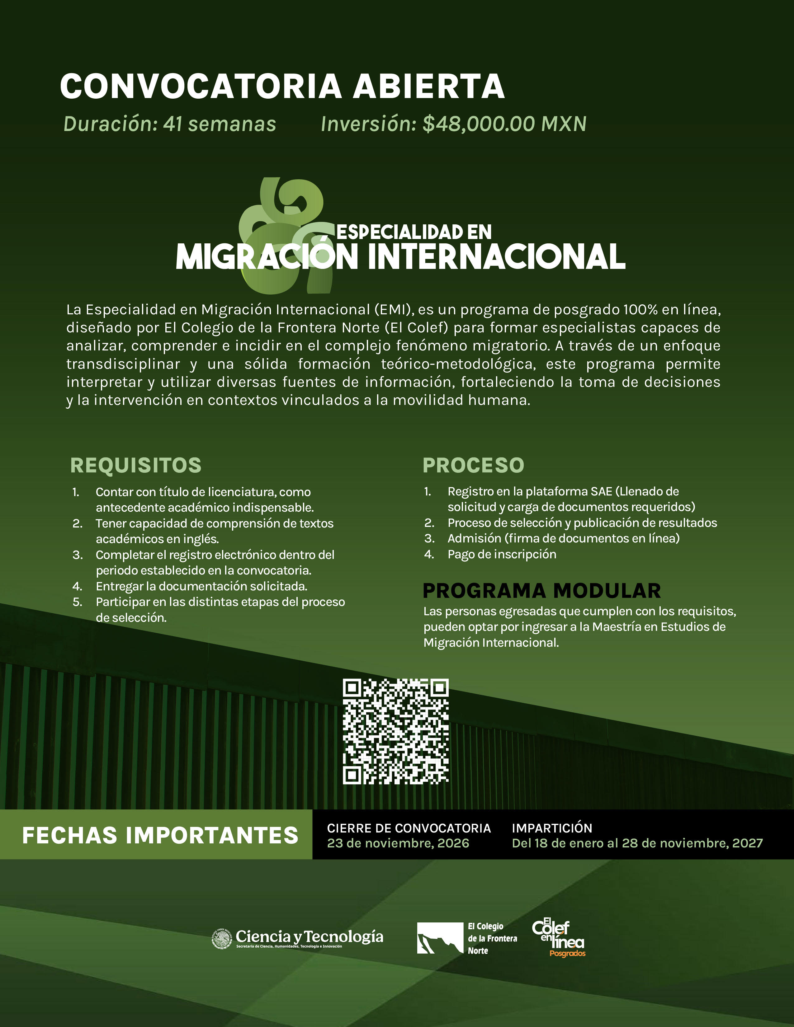 Convocatoria abierta: Especialidad en Migración Internacional de El Colef